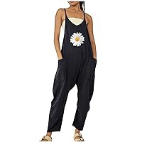Women's Baggy Jumpsuits Daisy Print Overalls Long Pants Suspender Rompers Casual Loose Fit Jumpsuit with Pockets