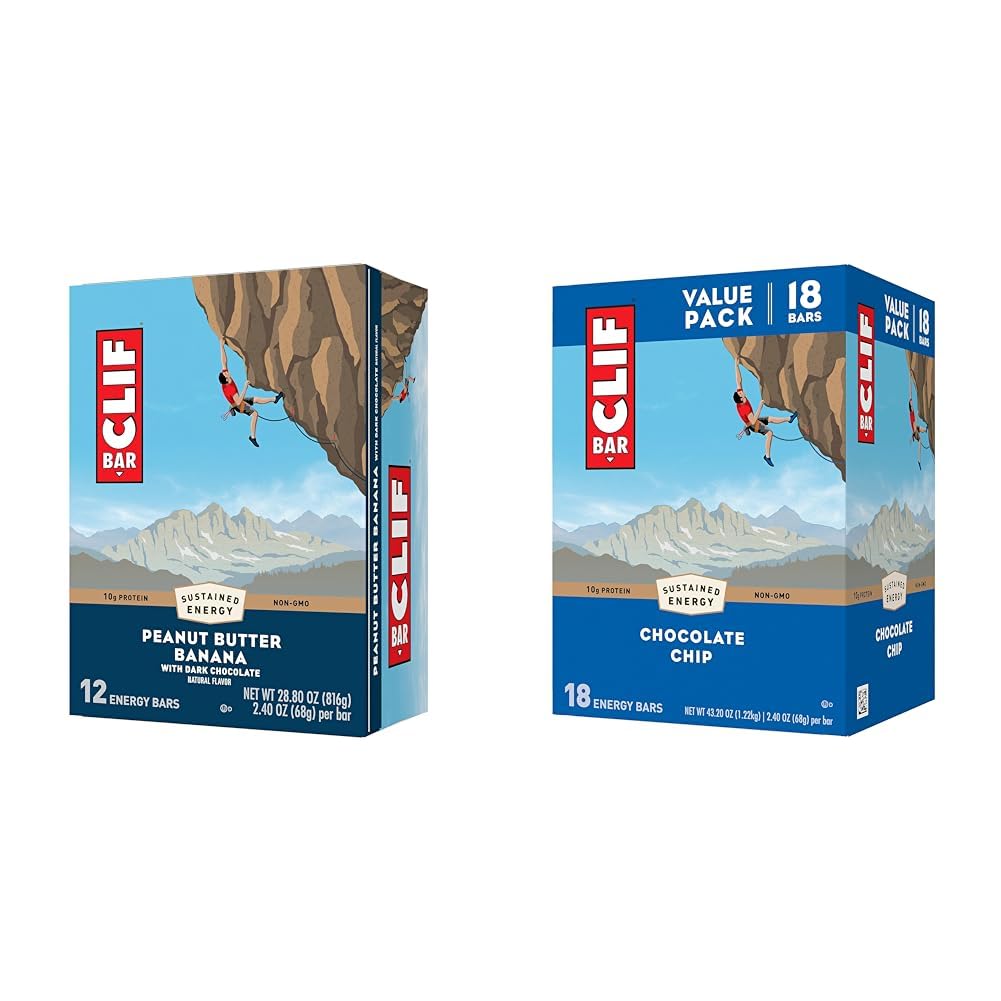 CLIF BAR - Peanut Butter Banana with Dark Chocolate Flavor & - Chocolate Chip - Made with Organic Oats - Non-GMO - Plant Based - Energy Bars - 2.4 oz. (18 Pack)