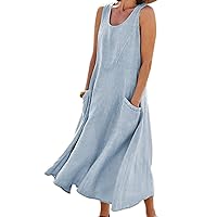 Women's Cotton Linen Casual Loose Pockets Long Dress Plain Sleeveless Tank Dress