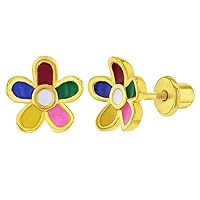 Gold Plated Multicolor Enamel Flower Safety Screw Back Earrings for Toddlers and Little Girls 8mm - Colorful Screw Back Earrings for Young Girls - Floral Themed Jewelry for Girls