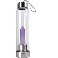 ChezMax Crystal Glass Water Bottle, Glass Water Bottle with Changeable Natural Crystal Center, Quartz Gemstone Water Bottle for Natural