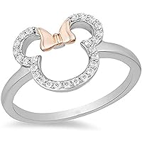 Outline Mickey & Minnie Mouse Ring Round Cut 1/3 CT. T.W. D/VVS1 Diamond In 925 Sterling Silver & 14K Two Tone Plated