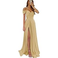 Off Shoulder Bridesmaid Dresses for Women Pleated Satin Formal Evening Dress with High Slit YK815