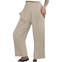 Anjikang Women's Wide Leg Cotton Linen Pants Elastic Waist Baggy Palazzo Trousers Loose Casual Beach Pants with Pockets