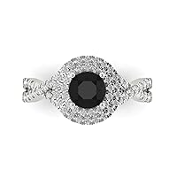 1.37ct Round Cut Solitaire double halo Natural Black Onyx designer Modern Statement with accent Ring Solid 14k White Gold