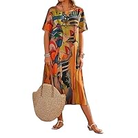 Womens Boho Floral Print Midi Dress Plus Size Short Sleeve Crew Neck Summer Vacation Casual Loose Beach Dresses