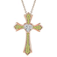 Created Heart Cut Peridot 925 Sterling Silver 14K Gold Over Diamond Heart Cross Pendant Necklace for Women's & Girl's