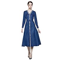 Autumn Designer Runway Embroidery Demin Maxi Dress Women V-Neck Long Sleeve Office Lady Belt Casual Vestidos