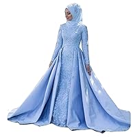 Muslim Arabic Long Sleeves Lace Bridal Ball Gowns with Detachable Train Mermaid Wedding Dresses for Bride