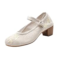 Vintage Embroidered Shoes Ankle Button Strap Women Ethnic Pumps Round Toe Mid Heeled Ladies Autumn Spring Shoe Beige 8
