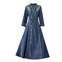 Women Long Mid- Autumn Denim Chinese Style Embroidery Dress