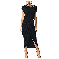 Women's Summer Short Sleeve Split Slim Wedding Guest Dress Crew Neck Waist Belt Wrap Dress Casual Maxi Dress