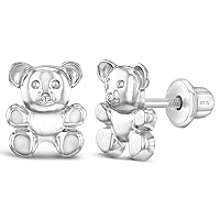 925 Sterling Silver Toddler Girls Cute Teddy Bear Screw Back Earrings, Safety Screw Back Locking for Children- Kids Bear Jewelry, Fun and Stylish Earrings with Cuddle Bear