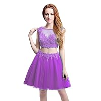 Women's Two Pieces Prom Dress Short Lace Appliques with Beaded Homecoming Gowns