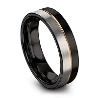 Tungsten Wedding Band Ring 6mm for Men Women 18k Rose Yellow Gold Plated Flat Cut Center Line Black Grey Half Brushed Polished