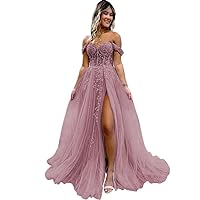 Off Shoulder Tulle Prom Dress 2024 for Women Laces Appliques Princess Evening Party Gown Beaded Split Ball Gown