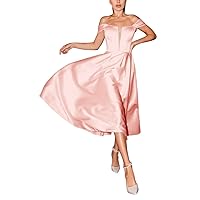 Off Shouder Short Wedding Dresses for Bride Satin Tea Length Prom Homecoming Dresses A Line Formal Party Gowns