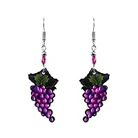Grape Fruit Graphic Dangle Earrings - Womens Fashion Handmade Jewelry Food Themed Accessories