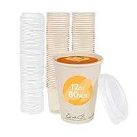 100% Compostable Disposable Coffee Cups with Lids [12oz 80 Set] Paper Cups Made from Unbleached Bamboo Fiber, Compostable Lids, To Go Coffee Cups with Lids, by Earth's Natural Alternative