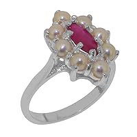Solid 9k White Gold Natural Ruby & Cultured Pearl Womens Cluster Ring - Sizes 4 to 12 Available