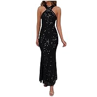 Womens Elegant Sequin Cocktail Dresses 2024 Sexy Crisscross Halter Long Mermaid Dress Glitter Formal Evening Prom Dress