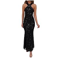 Women's Sequins Halter Sling Dress Formal Cocktail Dress Glitter Wedding Guest Dress Sexy Wrap Party Evening Dresses