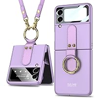 Galaxy Z Flip 4 Case with Ring Holder and Strap 9H Glass Camera Lens Screen Protector Ultra Thin Matte PC Cover Anti-Drop All-Inclusive Case (Purple)