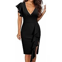 Women's Deep-V Neck Ruffle Sleeves Casual Cocktail Pencil Slit Formal Dress Vintage Bodycon Evening Party Sheath Dress