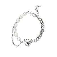 S925 Sterling Silver Heart Shape Bracelet Retro Baroque Pearl Bracelet Adjustable Bohemia Stackable Bracelet Jewelry Gifts for Women,Silver