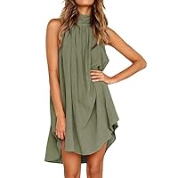 Halter Dress for Women Sleeveless Pleated Tank Linen Dress High Low Hem Flowy Short Mini Dress Summer Beach Sundresses