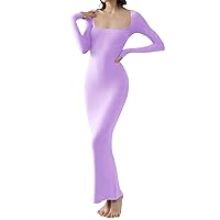 Womens Square Neck Long Sleeve Maxi Dress Ribbed Bodycon Dresses for Women Soft Lounge Dress