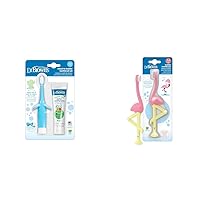 Dr. Brown's Infant-to-Toddler Training Toothbrush Set, Blue Elephant with Fluoride-Free Apple Pear Baby Toothpaste, 0-3 Years & Baby and Toddler Toothbrush, Flamingo 1-Pack, 1-4 Years