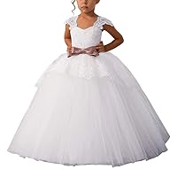 Lace Appliques Cap Sleeve Ball Gown Tulle Flower Girl Dresses for Wedding