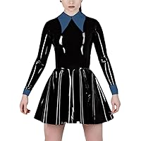 Fashion Women's Lapel Collar Fake Two Pieces A-Line Pleated Dress Wet PVC Leather Long Sleeve Party Prom Dress Office Lady Dress (4X-Large,Blue Mist,4X-Large)