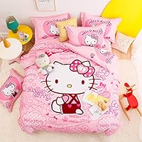 100% Cotton Kids Bedding Set Girls Hello Kitty Pink Duvet Cover and Pillow Cases and Fitted Sheet,4 Pieces,Queen