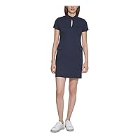 Calvin Klein Womens Navy Zippered Pocketed Keyhole Front Short Sleeve Mock Neck Short A-Line Dress Petites 2P
