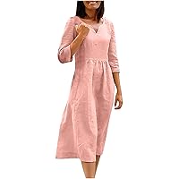 Plus Size Cotton Linen Solid Midi Dress for Women Summer 3/4 Sleeve V-Neck Casual Loose Sundress with Pockets