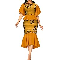 African Print Dresses for Women Petal Sleeve Midi Dress Dashiki Outfits Bazin Riche Vintage Attire