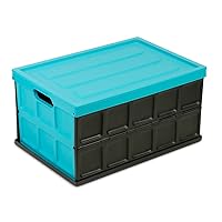 Glad Collapsible Storage Bin with Lid - 48L Foldable Plastic Box for Garage, Car Trunk, and Organization - Stackable Lidded Container with Handles, Turquoise