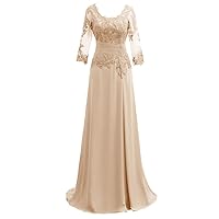 Mother of The Bride Dresses Lace Appliqued 3/4 Sleeves Scoop Long Formal Evening Dress
