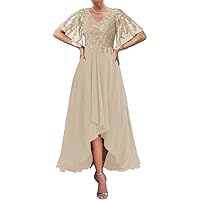 Mother of The Bride Dresses Half Sleeve V Neck High Low Lace Evening Dress Sequins Beaded Formal Evening Gown Tea Length