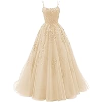 Tulle Lace Appliques Prom Dresses Long Ball Gown for Women Spaghetti Straps Corset Backless Evening Dress
