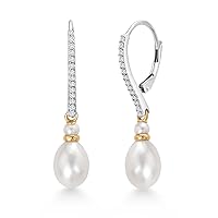 Gem Stone King 925 Sterling Silver and 10K Yellow Gold 9X7MM Cultured Freshwater Pearl and White Lab Grown Diamond Dangling Earrings with Leverback For Women