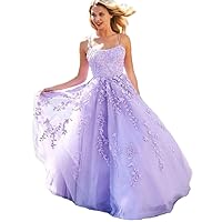 A Line Spaghetti Strap Tulle Long Prom Dresses Square Collar Criss Cross Back Lace Applique Evening Gowns