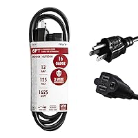 6 Ft Black Extension Cord 3 Prong, Weather-Resistant 16/3 SJTW, 1625 Watt, 13 AMP Rating with UL Listed for Indoor and Outdoor Uses