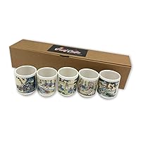 PARTYCRAFTZ Korean Soju Shot Glass Set – 5 Piece Ceramic Pottery Cup for Whiskey Sake Vodka Alcohol Liquor w/Korea Traditional Illustration Paintings Gift Party Decoration Display Drinking Glasses