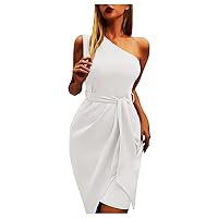 White Dress Women Long 3/4 Sleeve,Sleeveless Inclined Belt Women's Dress Solid Party Elegant Shoulder Asymmetri