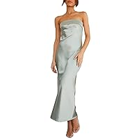 Satin Silk Slip Maxi Dress for Wedding Guest Women Bodycon Strapless Off Shoulder Midi Tube Dresses