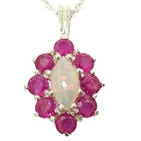 Luxury Ladies Solid 925 Sterling Silver Natural Opal & Ruby Cluster Pendant Necklace
