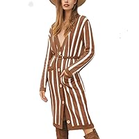 Women Sweater Dress Long Sleeve Button Up Stripe Cardigan with Pockets